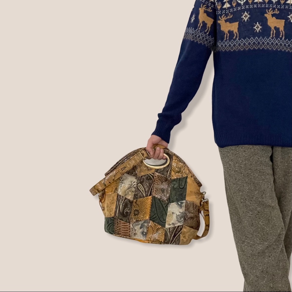 Vintage Handmade Python And Fabric Patchwork Bag - image 4